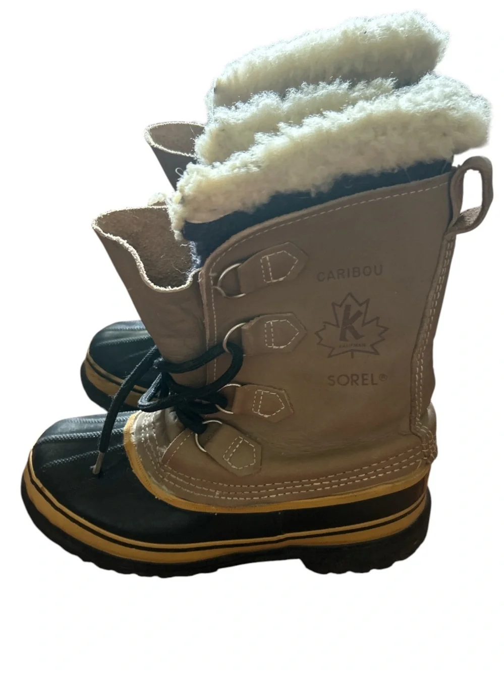 Vintage Sorel Caribou Insulated Winter Boots - Tan & Black with Cream Fur size:6